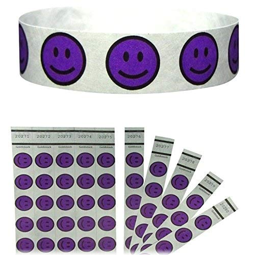 Heavier Tyvek Wristbands 7.5 Mil - Goldistock Happy Smiley Face Neon Purple 500 Count - ¾ Arm Bands - Paper-Like Party Armbands - Heavier Tyvek Wrist Bands = Upgrading Your Event
