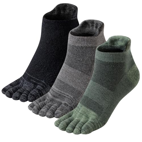 ORVYTHA Merino Wool Toe Ankle Hiking Socks Compression Breathable Thick Cushion No Show Five Finger Socks for Women&Men 3 Pairs (US Alpha Large Regular Regular Dark)