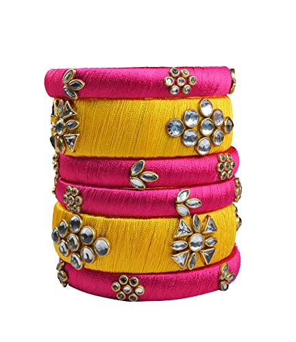 Goelx Silk Thread Bangles Designer Beautiiful Kundan Bangle Set - Rani Pink And Yellow #TOP3