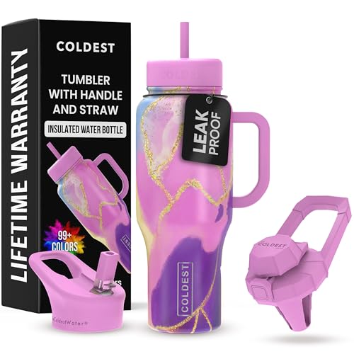 Coldest Tumbler with Handle and Straw - 100% Leak Proof Insulated Tumbler with Lid and Straw (3 Lids) - Stainless Steel Tumblers for Women & Men - Cup Holder Friendly Base, 36 oz (Princess Luna)