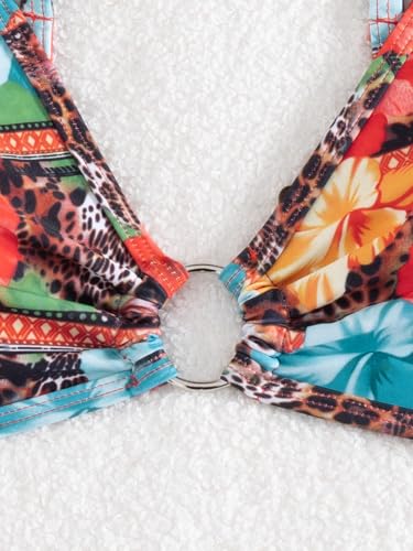 Image of Fanuerg Women's Triangle Bikini Sets O Ring Linked Two Piece Swimsuits Floral Printed Cheeky Bathing Suit