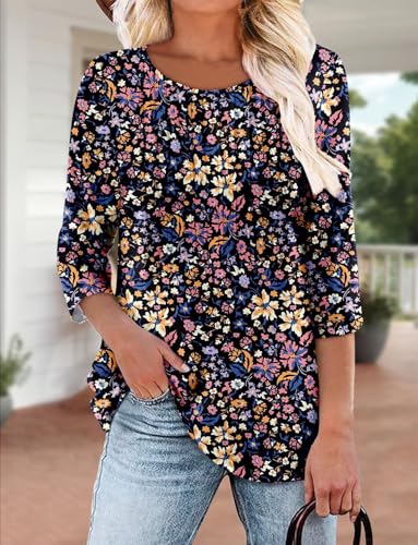 KISSMODA Tunic Tops for Women Loose Fit Dressy Round Neck Pleated 3/4 Length Sleeve Spring Tops