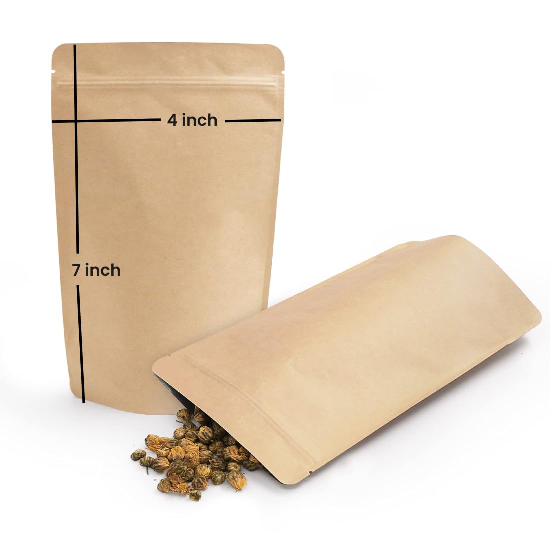 DCGPAC Brown Kraft Stand Up Ziplock Paper Pouch for Multiple Food & Grains Storage Pouches With Self-Sealing Airtight Zipper Reusable Resealable, Food Grade Pouch (Pack of 100) (Brown, 4in x 7in)