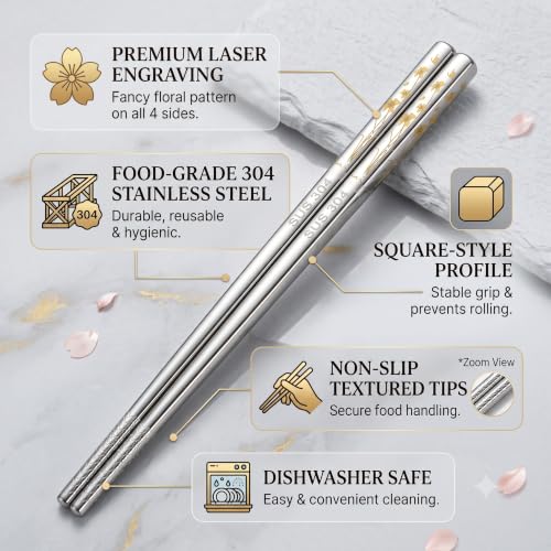 Image of RIANZ 304 Stainless Steel Korean Chopsticks 23.5 cm, Laser Engraved, 1 Pair (Style 6)