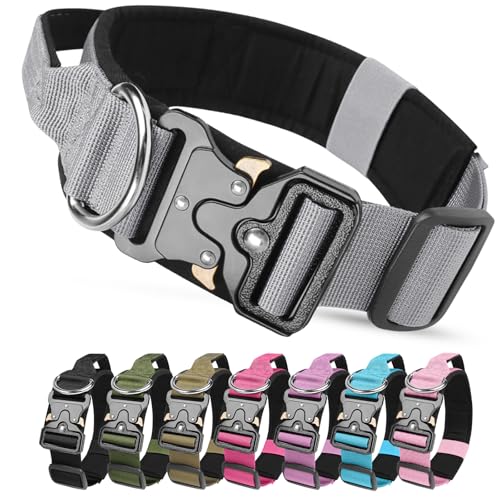 Taktisches Halsband Hund mit Griff, Hundehalsband Breit Gepolstert mit Metallschnalle, Verstellbar Nylon Dog Collar für Mittlere Große Hunde (Grau, L)