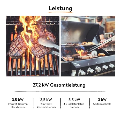 BURNHARD® Gasgrill 6-Brenner inkl. BACKBURNER, 900°C Infrarot-Keramikbrenner, Seitenkochfeld,...