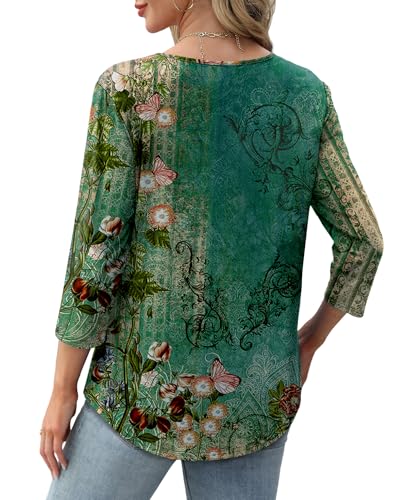 XIEERDUO Blouses for Women 2026 Dressy Casual 3/4 Length Sleeve Womens Summer Tops Trendy Pleated Shirts Spring Fashion Clothing Outfits Beach Vacation Clothes F-Green Floral XL - image 4
