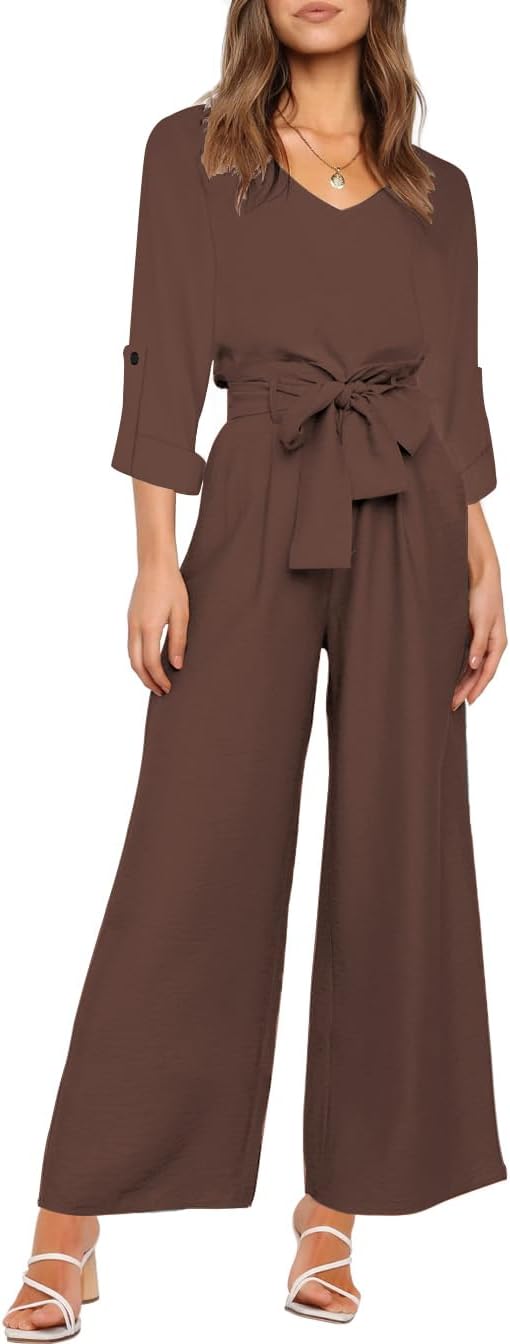 FANCYINN Womens 2 Piece Outfit Set V Neck Long Sleeves Tops High Waisted Paper Bag Pants with Belt