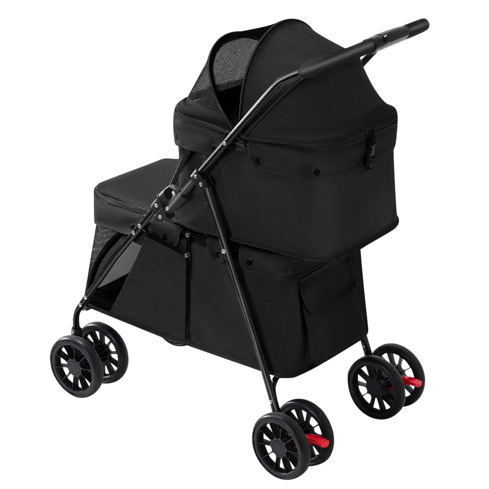 Double Couche Poussette pour Chien Chat Animaux, Animaux Voyage Poussette, Pliable Chien Chat À Quatre Roues Chariot/Landau Jogger/Poussette Buggy-67 * 50 * 95cm- Noir