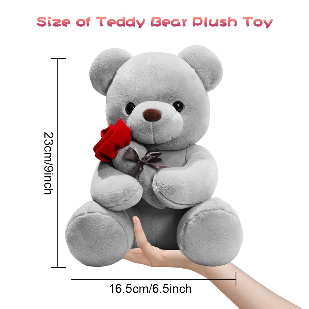 Fouvin Orsacchiotto con Rosa in Peluche 23 cm - Morbido Peluche per Bambini e Ragazze, San Valentino, Compleanni, Mamma e Decorazione Casa