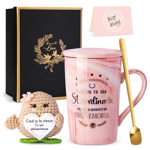 Regalo Donna Compleanno, Bambola di Patata Positiva Motivazionale, Tazza Ceramica da 400ml Marmo Rosa Stampa Dorata, Portafortuna Gadget Scrivania Carino, Natale Regali per Lei, Confezione Elegante