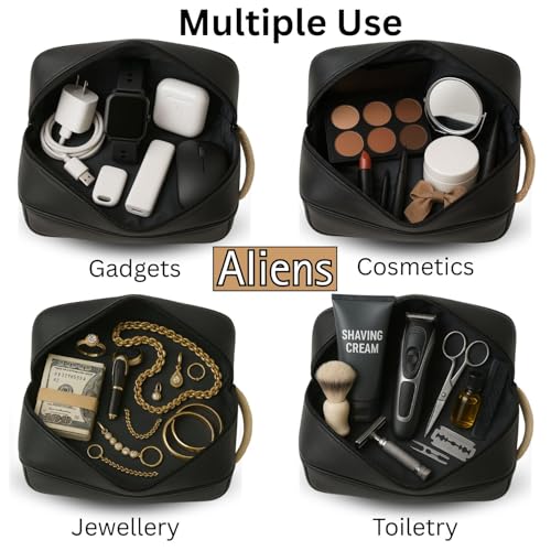 Image of Aliens Multipurpose Travel Organizer Vegan Leather Pouch for Men and Women, Hanging Dopp Kit, Water-Repellent Bag for Toiletry, Shaving Kit, Cosmetics & Makeup, Jewellery, Gadget, Accessories-Black