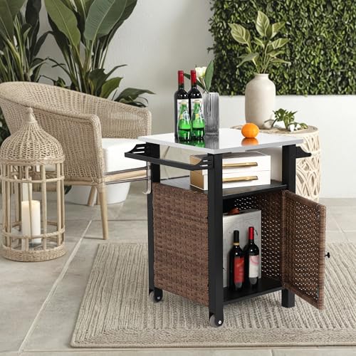 phosir Carrito de mimbre con tapa extensible de acero inoxidable, isla de cocina para exteriores, con armario, cajón, soporte para vasos y abrebotellas, color marrón