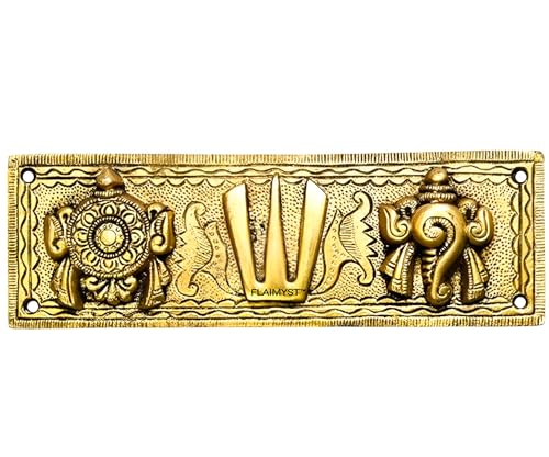 Image of FLAIMYST Shank Chakra Tilak for Door Entrance in Aluminium Metal, Tirupati Door Wall Hanging Shankh Chakra Namah Decorative for Home, Office, Room, Religious House Warming (Gold Plating Antique)