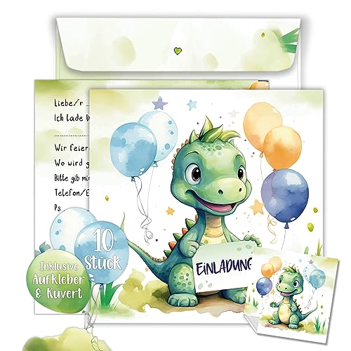 TOBJA Dino Einladungskarten Kindergeburtstag Junge | XXL Dinosaurier Geburtstagseinladungen jungen 15 x 15 cm | 10er Set mit Umschlägen & Stickern | Einladungskarten Geburtstag (Dino) TOBJA Dino Einladungskarten Kindergeburtstag Junge | XXL Dinosaurier Geburtstagseinladungen jungen 15 x 15 cm | 10er Set mit Umschlägen & Stickern | Einladungskarten Geburtstag (Dino)