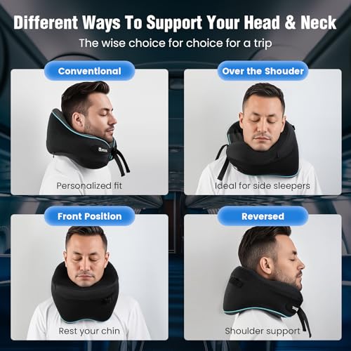 Travel Pillow, Memory Foam Neck Pillow for Travel,-Gifts for Women/Men/Mom/Dad Adjustable Airplane Flight Pillow 360° Neck Support With Carry Bag - Best Travel Essentials for Long Flights (Black) - Image 6