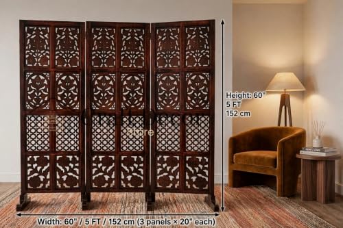 Image of Wooden Room Partition Screen Divider with Stand for Living Room and Bedroom (Brown) | Folding Sheesham Wood Room Separator Wall for Office and Salon