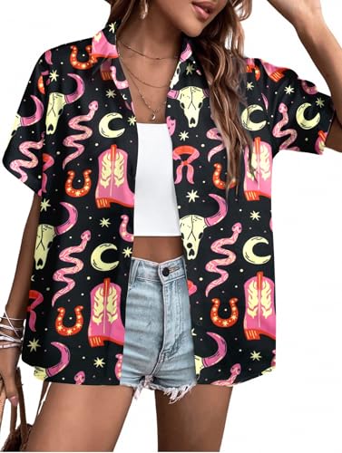 QLIPIN Western Button Up Shirts Women: Retro Cowgirl Shirt Rodeo Tops Hawaiian Summer Vacation Short Sleeve Top Blouses