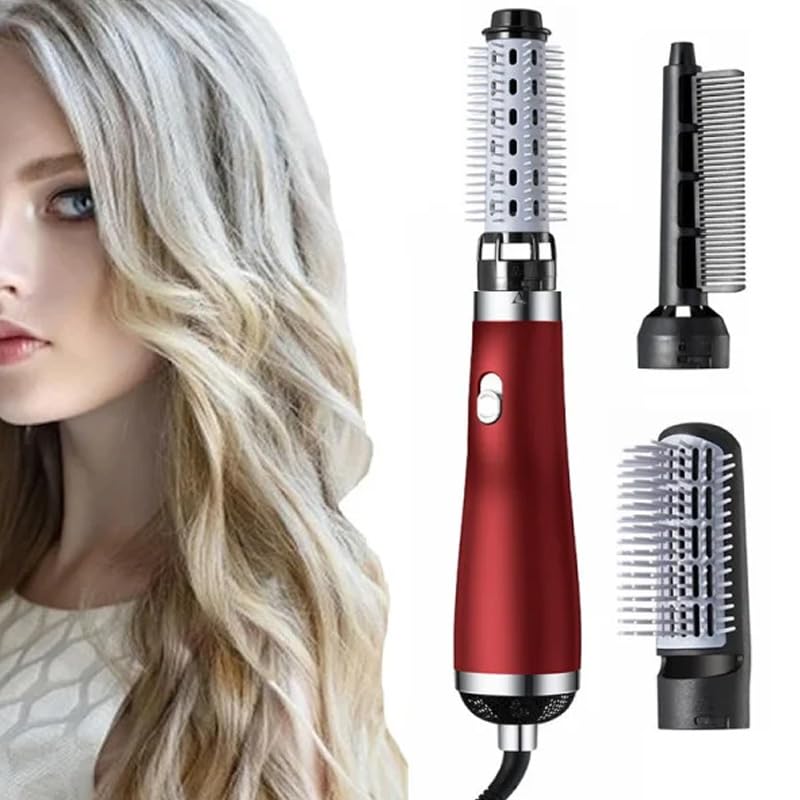 MuchMyPro Styler Kit: 3-in-1 Hair Dryer, Curling Iron, and Straightener with Adjustable Wind Speed, Hot & Cold Options, Interchangeable Brush Heads, and Ionic Technology (Red)