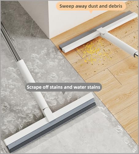 Image of Bathroom Floor Squeegee - Rotating Lock Handle with Dual Rubber Blades - Shower /Window Water Remover for Tile & Glass - Hair Catcher Cleaning Tool. (White,12.99 * 1.06 * 46.46inch)