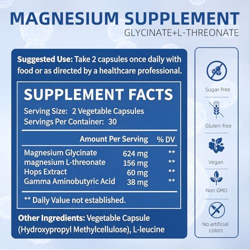 Image of Pablo Blue Magnesium Complex Supplement for Women & Men Magnesium Glycinate & L-Threonate with GABA, High Absorption to Support Sleep, Bone & Heart Health, Vegan, Gluten-Free, 60 Capsules