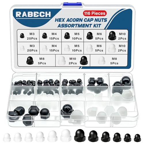 RABECH Hex Acorn Nuts Cap Assortment Kit 6Sizes 116Pcs M3 M4 M5 M6 M8 M10 Black and White Nylon Bolt Covers Caps Nut Screw Covers for Protection Indoor Outdoor