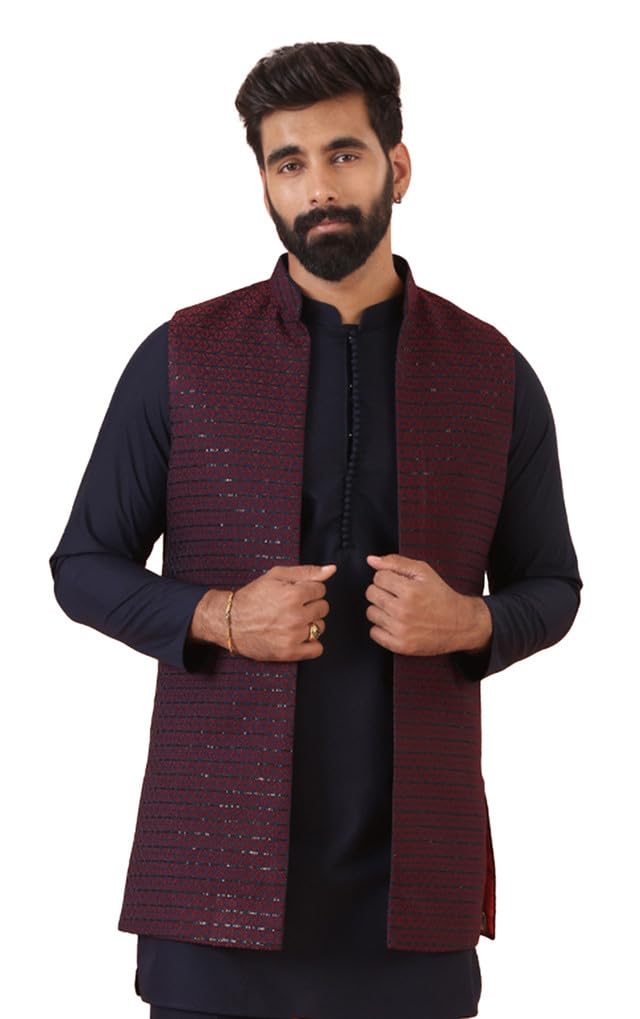 kisah Men's Jacket, Navy Blue Blended, Embellished Regular Fit Mandarin Collar Long Sleeves-picture-2