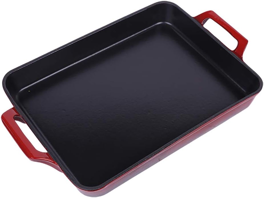 Red large cast iron square frying pan, enamel barbecue, gas