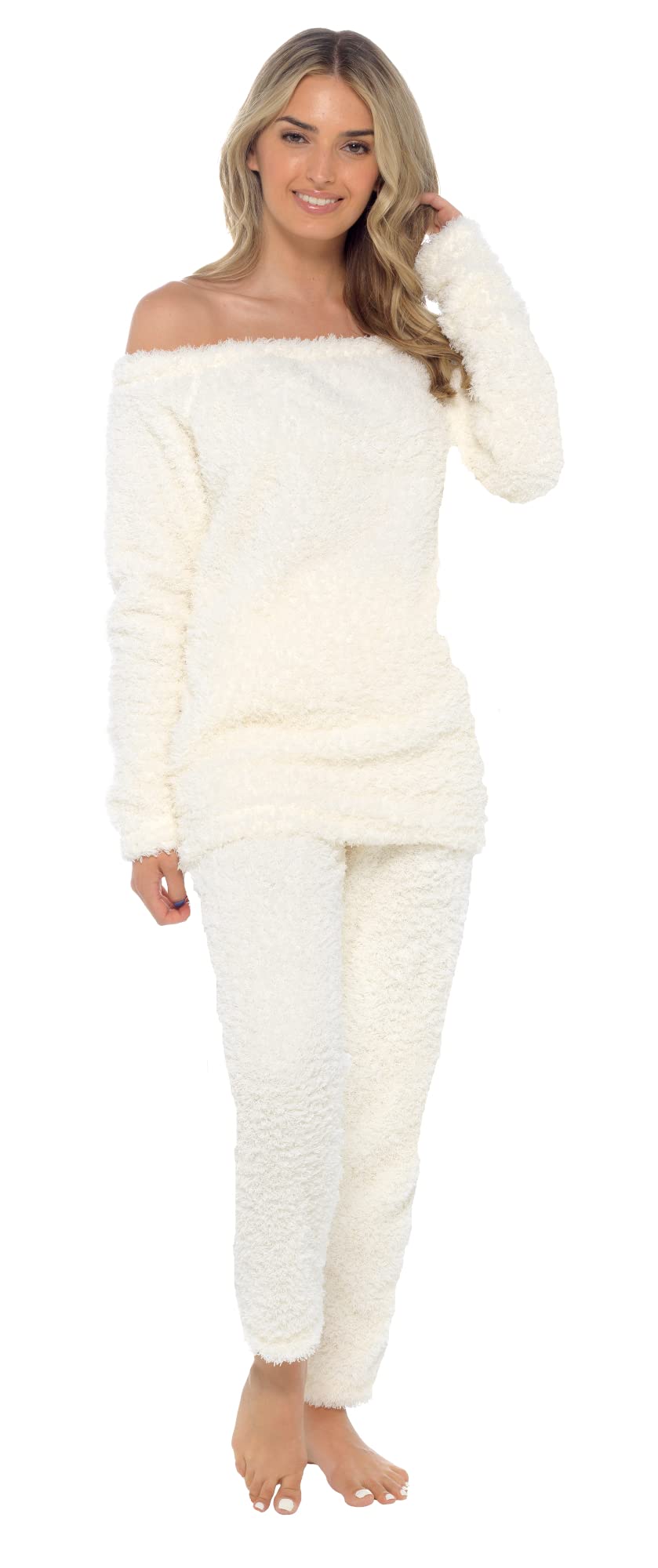 Lora DoraWomens Fleece Pyjamas Luxury Teddy Bear Yarn Lounge Set Ladies Off The Shoulder Jumper + Cuffed Pants Loungewear