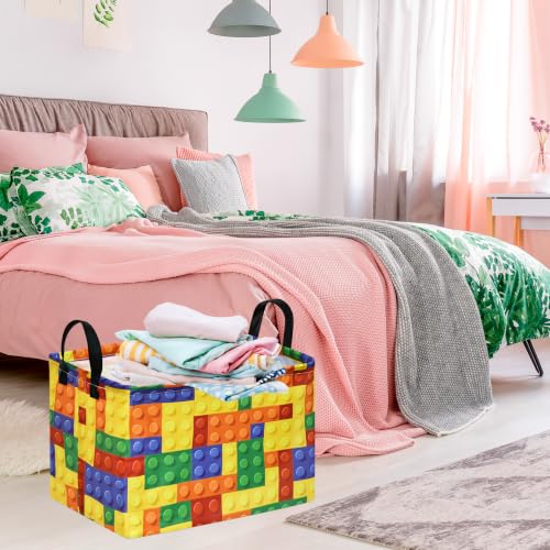Image of Colorful Building Blocks Print Storage Basket, Waterproof Lining Organizer Bins, Leather Handles, Collapsible for Kids Toys, Clothes, Laundry, Gift Basket