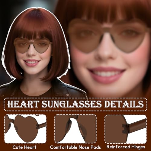 Image of PLULON Brown Short Bob Wig with Bangs for Women, Colorful Neon Short Bob Synthetic Hair Wigs with Hair Cap Heart Sunglasses for Adults Men Daily Bachelorette Halloween Costume Party Supplies