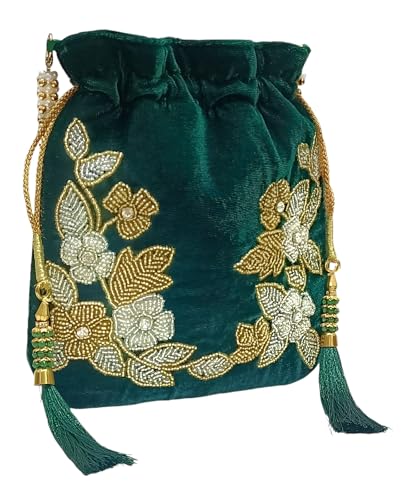 Image of Velvet Potli Bag with Golden & Silver Beaded Flower Embroidery - Handcrafted Ethnic Drawstring Bag for Weddings, Parties & Festive Gifts - Beaded Handle & Tassels for Women