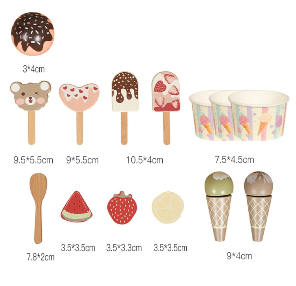 Set da Gioco Carretto di Gelato in Legno, Bancarella Finta di Dolci | Giocattolo camioncino dei gelati in legno mobile, carretto degli snack finto con lavagna