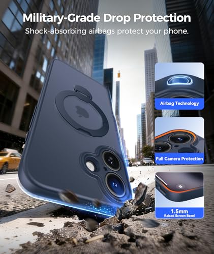 Image of FNTCASE for iPhone 16 Plus Case: [360 Spin Magnetic Stand] [Compatible with Magsafe] [Screen Protector] Translucent Matte Military Grade Shockproof Full Camera Protective Phone Cover - Deep Blue