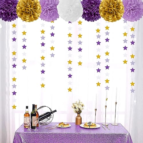 Image of Purple-Lavender White-Gold Party-Decorations Star Garland - 62ft Streamers Hanging Banner,Girl Birthday Wedding Twinkle Twinkle Little Star Baby Bridal Shower Graduation Decor Hugtmr
