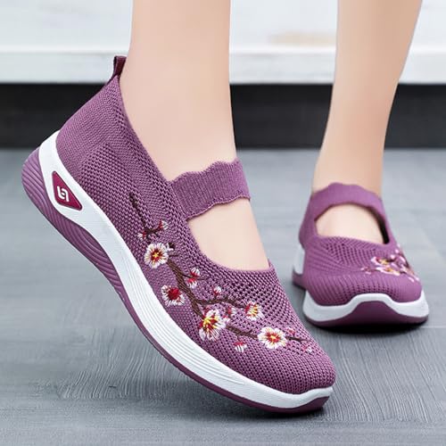 Womens Embroidered Flower Shoes Slip On Knit Flat Loafers Woven Orthopedic Casual Breathable Soft Sole Sneakers Arch Support Stretch Mesh Platform Comfortable Walking Nurse Shoe4