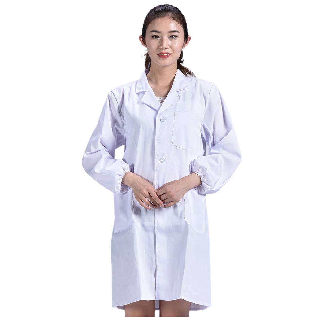 Unisex Long Sleeve White Lab Coat White Coat Lapel Collar Button Down Doctor Nurse Uniform Blouse Do