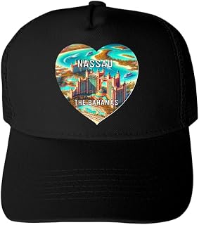 R and R Imports Nassau The Bahamas Souvenir Black Unisex Mesh Back Trucker Hat with Adjustable Snapback Single - Heart Design