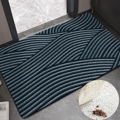 Surwin Felpudo Entrada Casa, Patrón de Onda Alfombra Entrada Casa PVC Felpudo Exterior Lufa Antideslizante, Tapete Decoracion Casa Fibra de Coco Door Mat Exterior Lluvia (Azul,50x80cm)