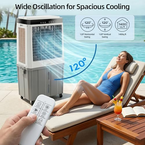 Image of Uthfy 6288 CFM Swamp Cooler for 1,400 sq. ft, 48 inch Evaporative Air Cooler with 21.5 Gal Detachable Water Tank, 120 Oscillation, 3 modes, 12H Timer, Indoor & Outdoor Air Conditioner for Garage, Patio