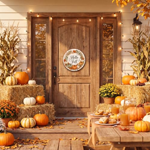 Image of Fall Decorations for Home - Hello Fall Wreaths for Front Door | Rustic Round Wood Wreaths Hanging Sign for Thanksgiving Decorations - Fall Garland Porch Decor for Door Wall Room Kitchen