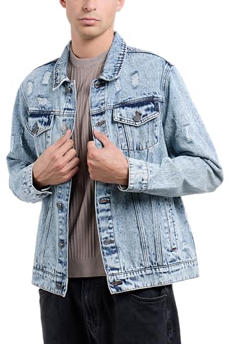 Image of X RAY Mens Denim Jacket, Washed Ripped Distressed Flex Stretch Casual Trucker Biker Jeans Jacket for Men