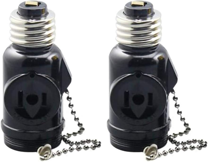 2 Pcs 2 Outlets Light Socket Adapter Light Pull Chain Adapter E26 Bulb Socket to Outlet Splitter with Pull Chain