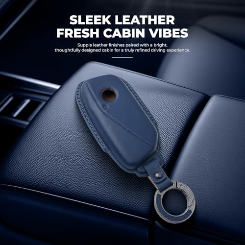 Image of Keyzone Premium Leather Key Cover & AC Vent Car Perfume Combo (4 Fragrances) | Compatible for BMW 7 Series 740i 760i X1 X7 XM IX I7, X5 2023 Onwards 4 Button Smart Key (Blue)