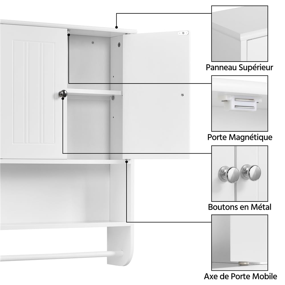 Yaheetech Armoire Murale Suspendus de Salle de Bain 48,5 × 14 × 73 cm, Armoire de Toilette avec Étagère Réglable, 2 Portes/Compartiment Ouvert/Porte-Serviette Blanc