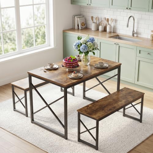 Image of VECELO 43.3 inch Kitchen Dining Table Set for 4, Heavy-Duty Steel Frame & Wood-Grain Tabletop, Space-Saving Dinette Sets with 2 Benches for Breakfast Nook and Small Space, Brown