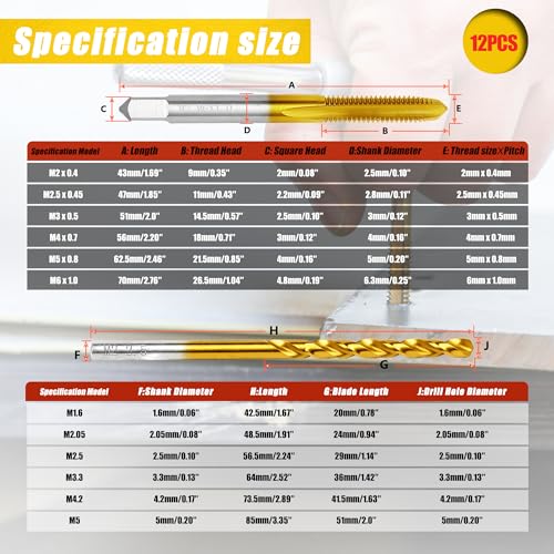 Image of 12Pcs Metric Drill and Tap Set with 1Pc Tap Wrench, M2 HSS Thread Tap Set from M2 to M6, Combination of Drill and Tap Set for Metal,with Box