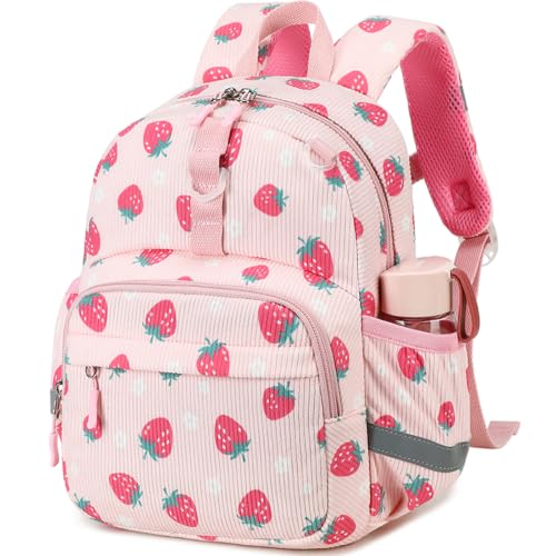 Image of LOIDOU Toddler Backpack for Girls, 15 Inch Preschool Kindergarten Backpack with Insulated Snack Pocket, 13L Corduroy Kids Bookbag with Chest Strap and Water Bottle Pockets, Pink Strawberry