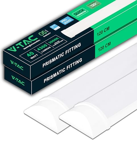 V-TAC 2x Feuchtraumleuchte LED 120 CM - 40W - mit Samsung Chip - Rechteckige Lampe 4300 Lumen IP20 für Wand, Garage, Shop - LED Röhre - Prismatische Deckenleuchte LED - Licht 3000K Warmweiß
