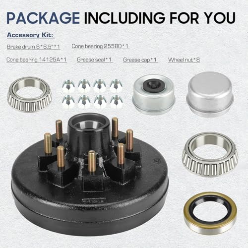 Image of 12 inch x 2 inch Trailer Brake Drum Kit, 8 on 6.5 inch Bolt Circle Brake Drum for 7000 lb Axles, 8 Lug Replacement Brake Hub Drum Assembly for Rvs, Trailer and Semi Truck